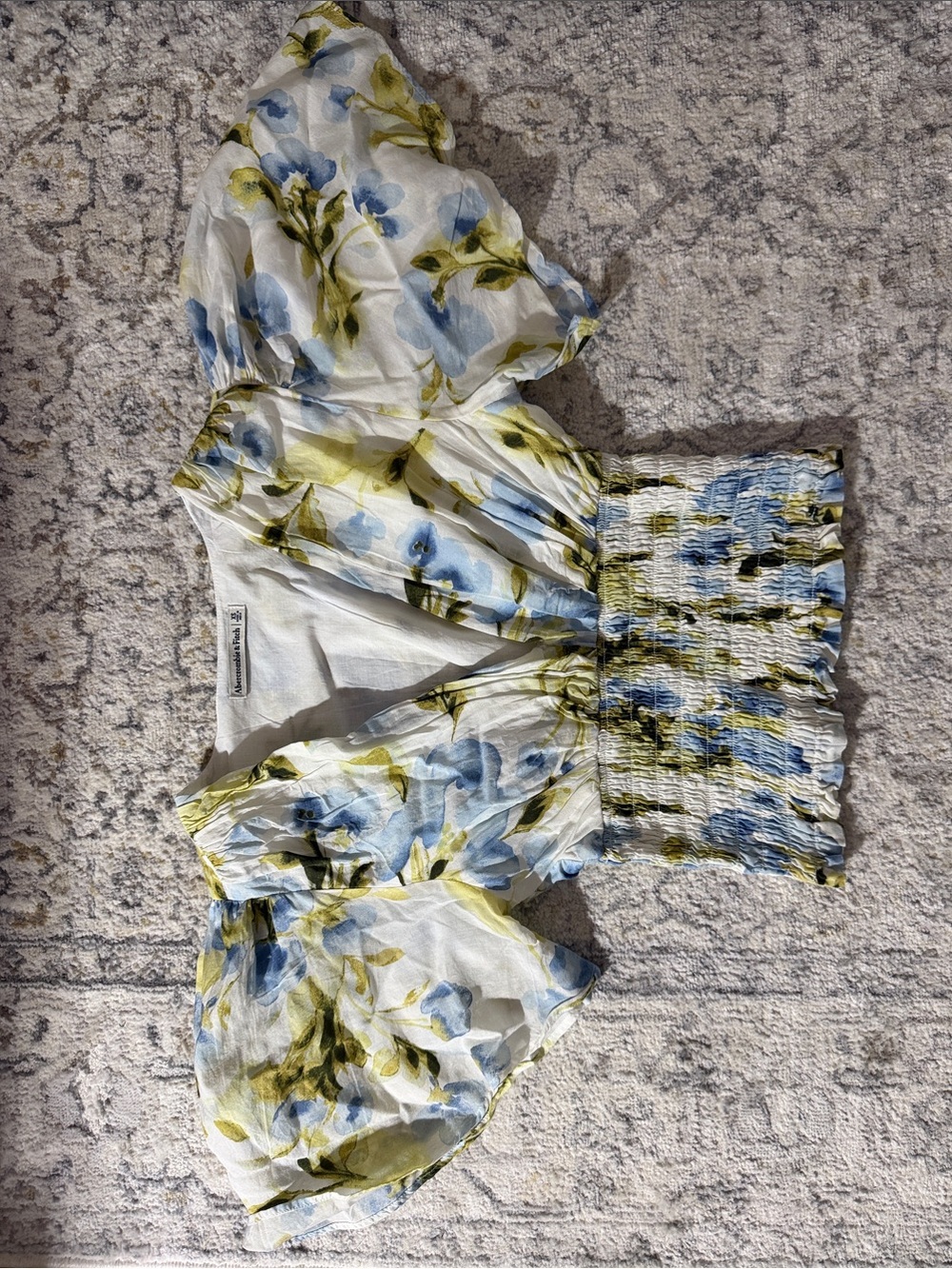 Abercrombie & Fitch White Floral Puff-Sleeve Crop Top - Blue & Green